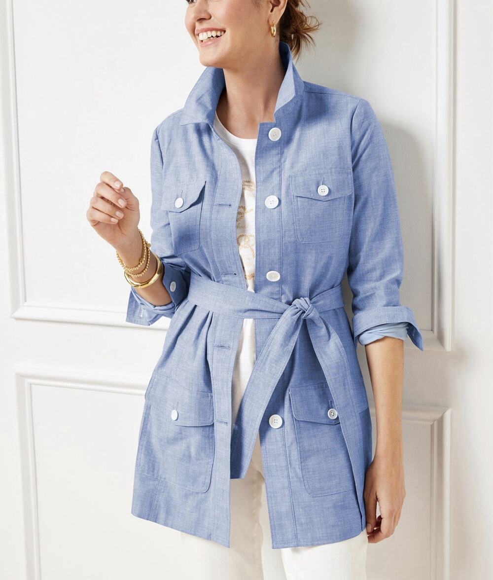 Talbots Newport Chambray Belted Jacket Women's Small Petite Blue Coastal Classic